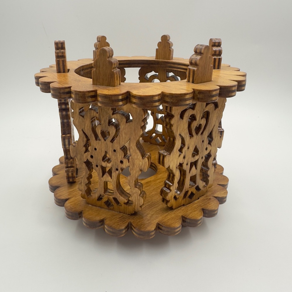 Vintage Ornate Carved Wood Candle Holder Fretwork Heart Lantern Sleeve Scalloped